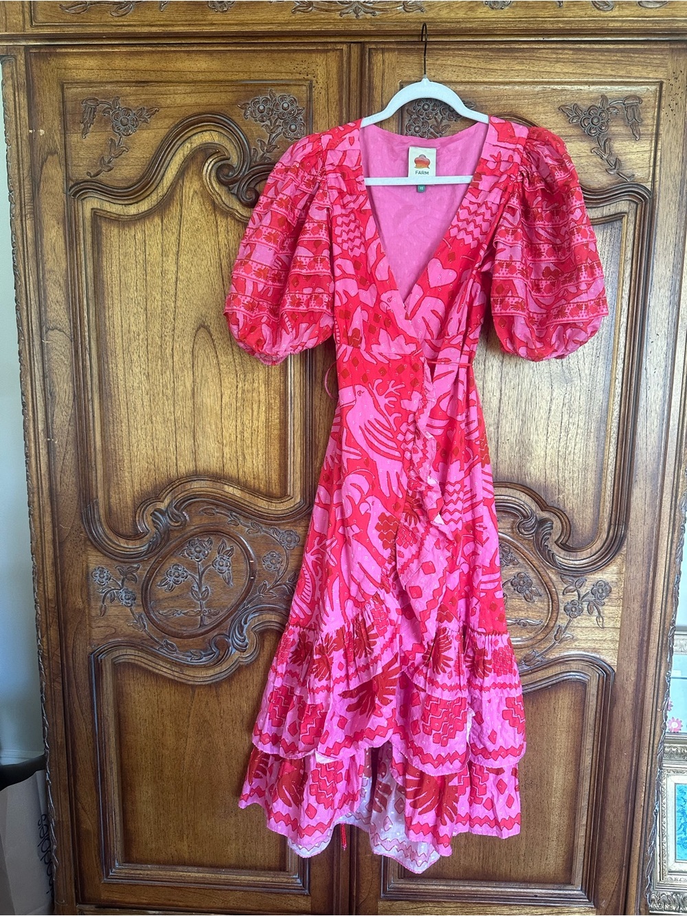 FARM Rio Pink & Red Printed Puff Sleeve Ruffle Wrap Maxi Dress XS